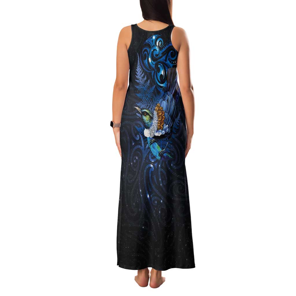 Aotearoa Matariki Tank Maxi Dress Maori Tribal with Silver Fern and Tui Bird Galaxy Style - Polynesian Pride