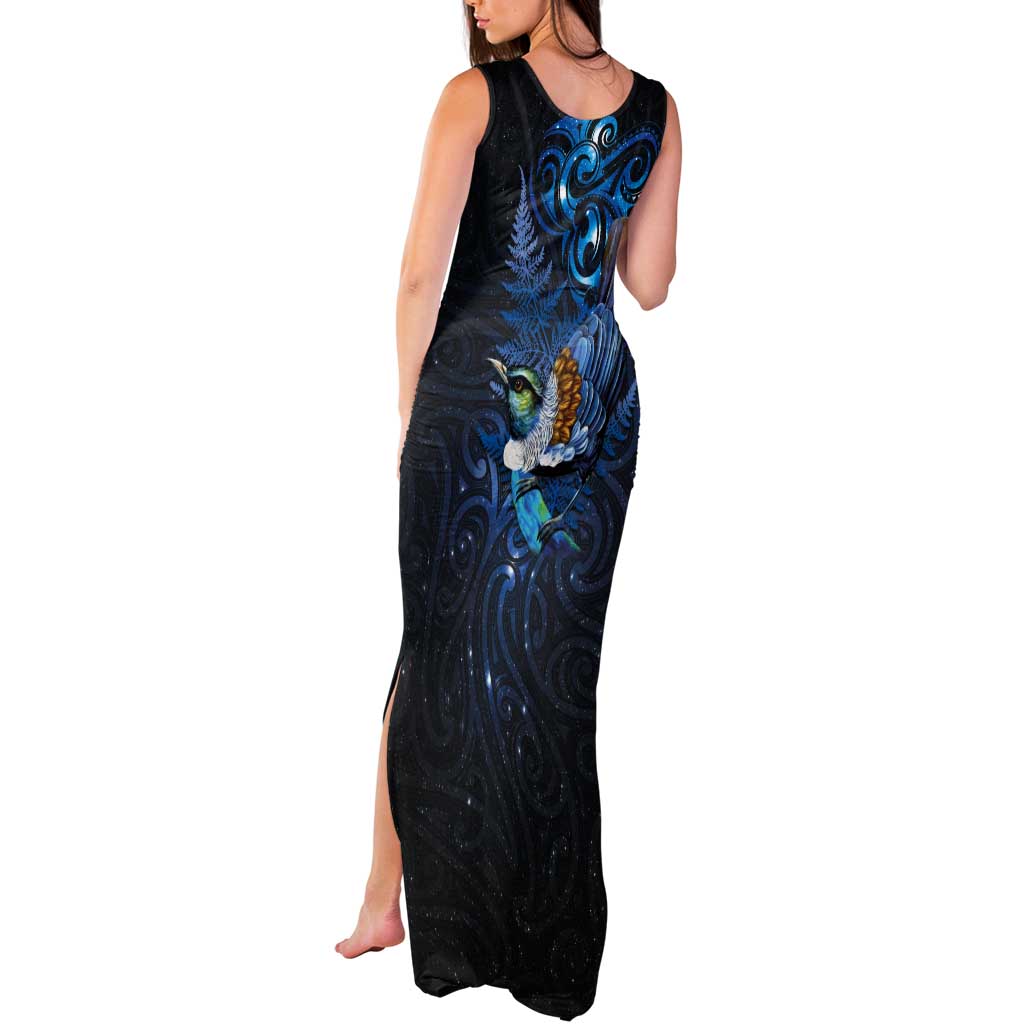 Aotearoa Matariki Tank Maxi Dress Maori Tribal with Silver Fern and Tui Bird Galaxy Style - Polynesian Pride
