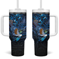 Aotearoa Matariki Tumbler With Handle Maori Tribal with Silver Fern and Tui Bird Galaxy Style - Polynesian Pride