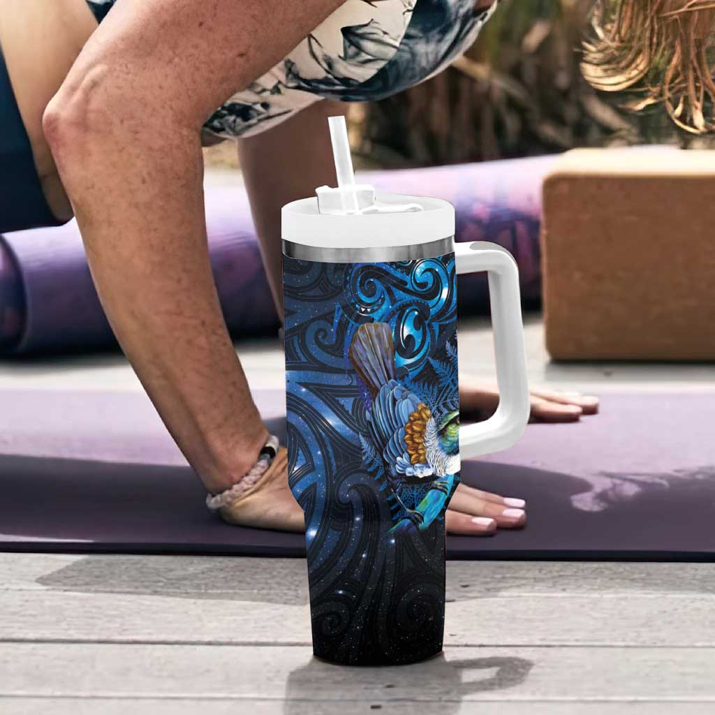 Aotearoa Matariki Tumbler With Handle Maori Tribal with Silver Fern and Tui Bird Galaxy Style - Polynesian Pride