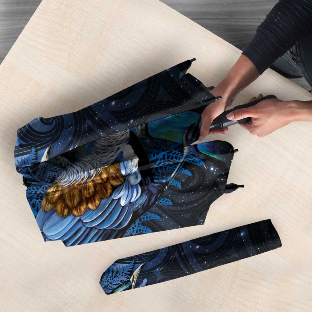 Aotearoa Matariki Umbrella Maori Tribal with Silver Fern and Tui Bird Galaxy Style - Polynesian Pride