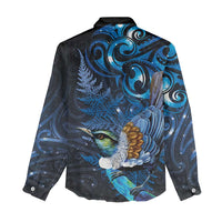 Aotearoa Matariki Women Casual Shirt Maori Tribal with Silver Fern and Tui Bird Galaxy Style - Polynesian Pride
