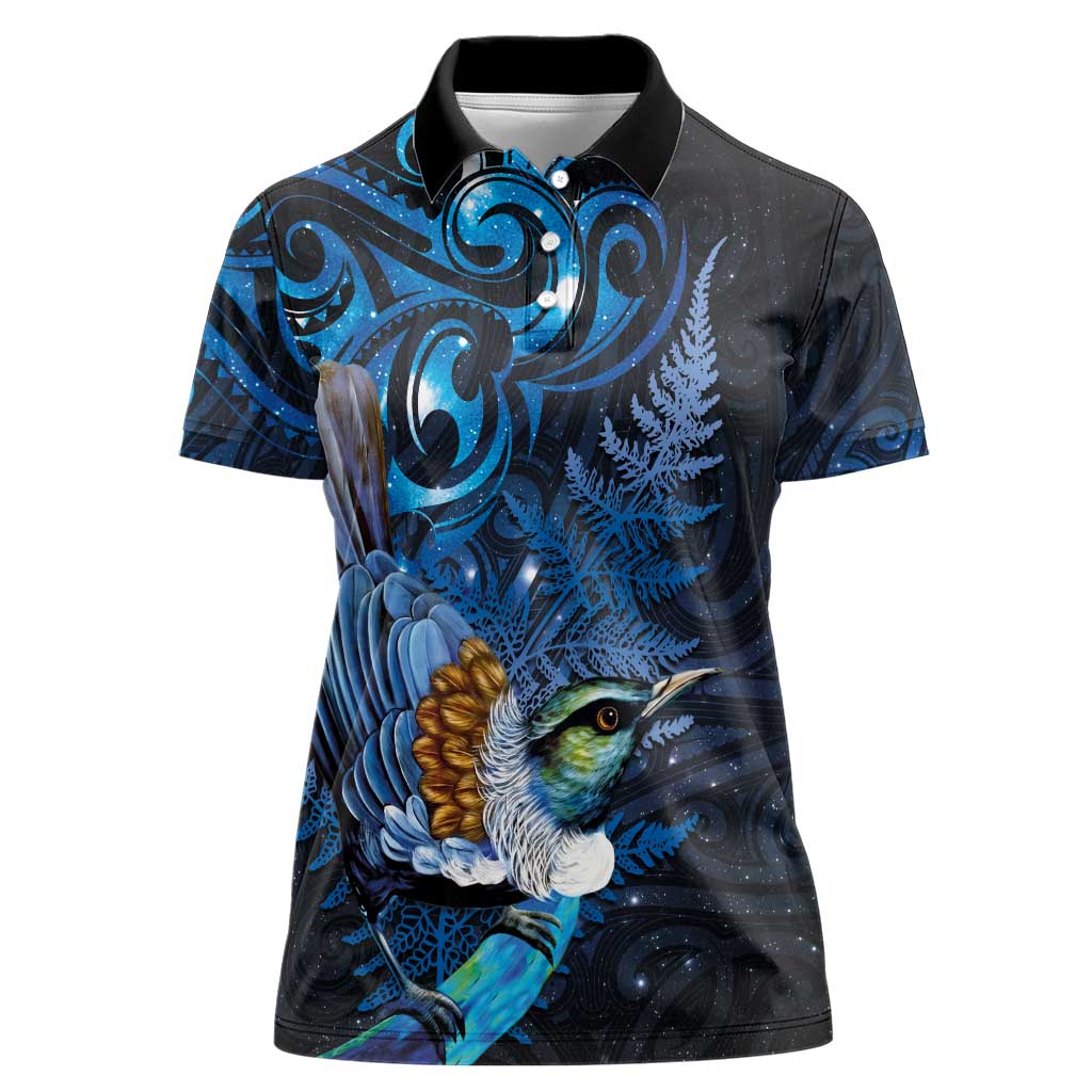Aotearoa Matariki Women Polo Shirt Maori Tribal with Silver Fern and Tui Bird Galaxy Style - Polynesian Pride