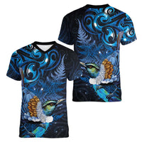 Aotearoa Matariki Women V-Neck T-Shirt Maori Tribal with Silver Fern and Tui Bird Galaxy Style - Polynesian Pride