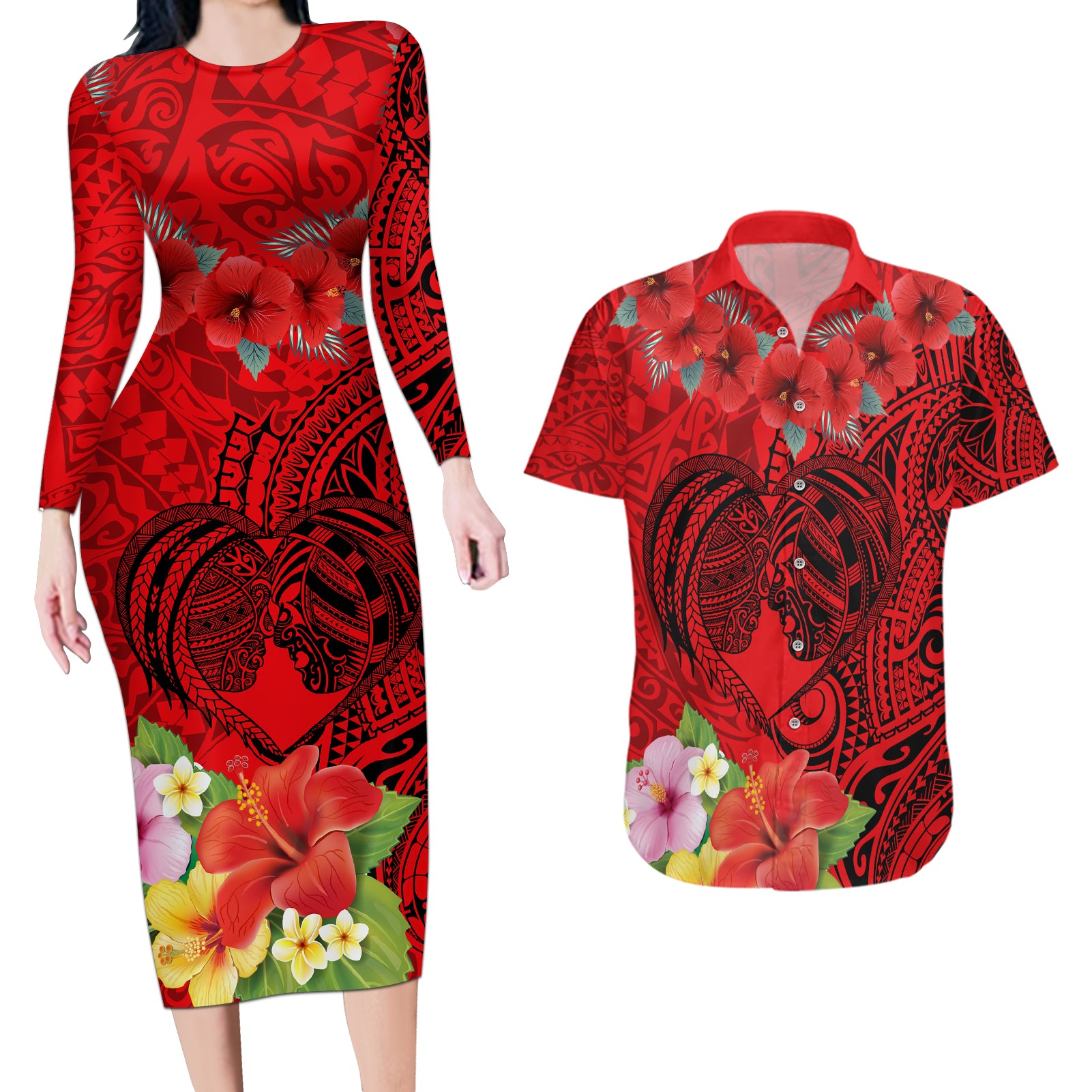 Personalised Hawaii Valentine Day Couples Matching Long Sleeve Bodycon Dress and Hawaiian Shirt Couple Love Heart mix Hibiscus and Polynesian Tattoo LT03 Red - Polynesian Pride