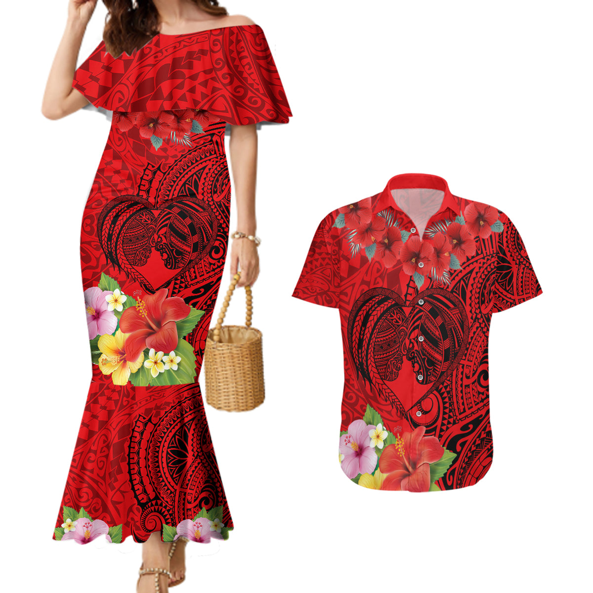 Personalised Hawaii Valentine Day Couples Matching Mermaid Dress and Hawaiian Shirt Couple Love Heart mix Hibiscus and Polynesian Tattoo LT03 Red - Polynesian Pride