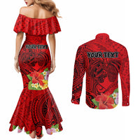 Personalised Hawaii Valentine Day Couples Matching Mermaid Dress and Long Sleeve Button Shirt Couple Love Heart mix Hibiscus and Polynesian Tattoo LT03 - Polynesian Pride