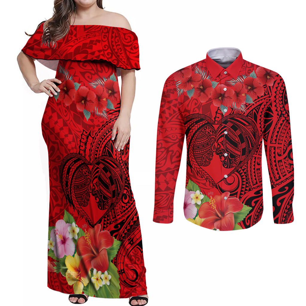 Personalised Hawaii Valentine Day Couples Matching Off Shoulder Maxi Dress and Long Sleeve Button Shirt Couple Love Heart mix Hibiscus and Polynesian Tattoo LT03 Red - Polynesian Pride