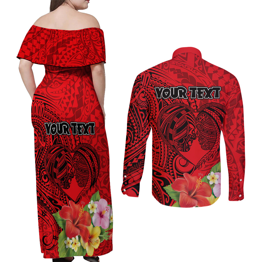 Personalised Hawaii Valentine Day Couples Matching Off Shoulder Maxi Dress and Long Sleeve Button Shirt Couple Love Heart mix Hibiscus and Polynesian Tattoo LT03 - Polynesian Pride