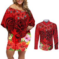 Personalised Hawaii Valentine Day Couples Matching Off Shoulder Short Dress and Long Sleeve Button Shirt Couple Love Heart mix Hibiscus and Polynesian Tattoo LT03 Red - Polynesian Pride