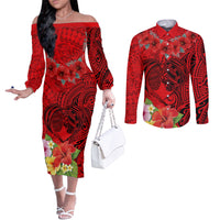 Personalised Hawaii Valentine Day Couples Matching Off The Shoulder Long Sleeve Dress and Long Sleeve Button Shirt Couple Love Heart mix Hibiscus and Polynesian Tattoo LT03 Red - Polynesian Pride