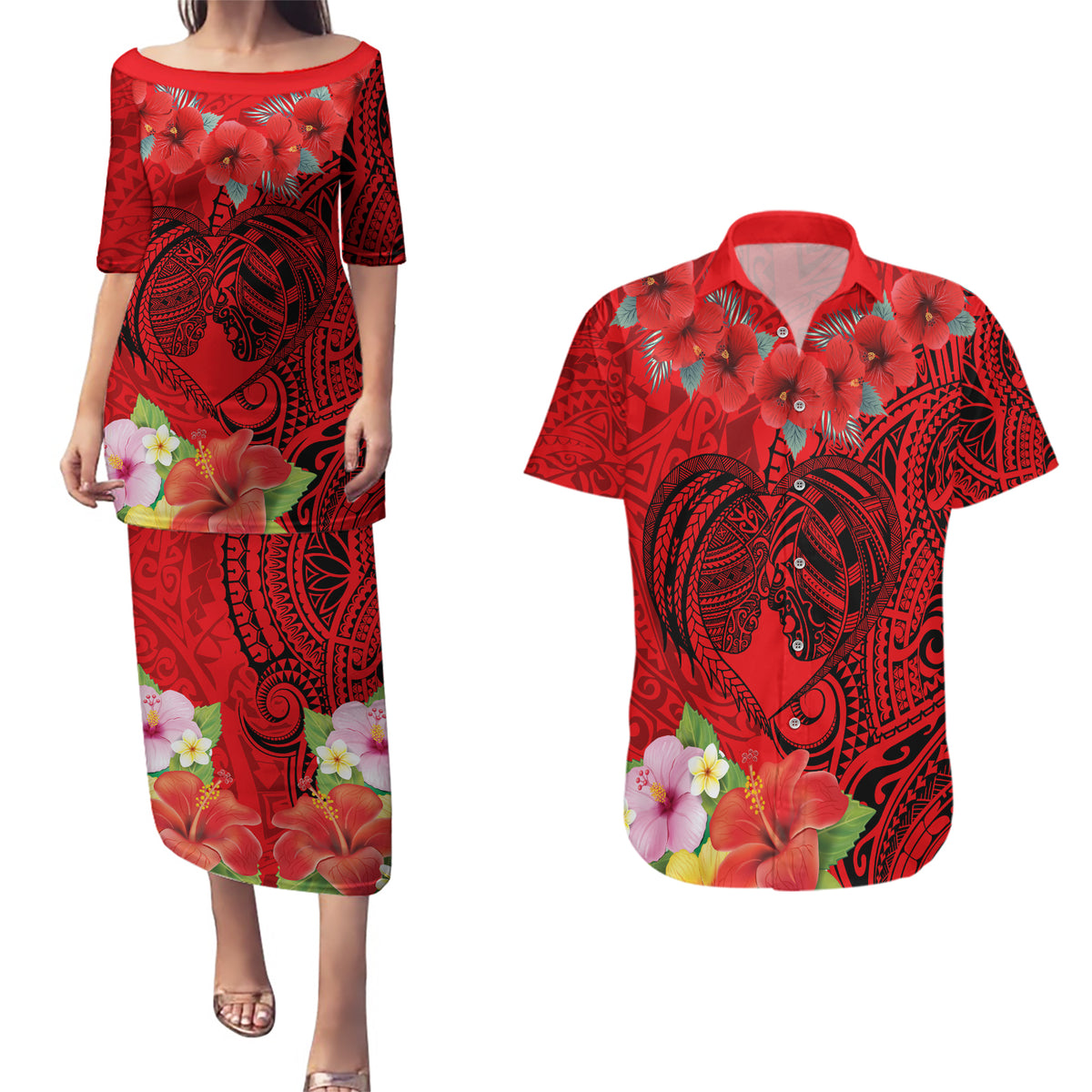 Personalised Hawaii Valentine Day Couples Matching Puletasi and Hawaiian Shirt Couple Love Heart mix Hibiscus and Polynesian Tattoo LT03 Red - Polynesian Pride