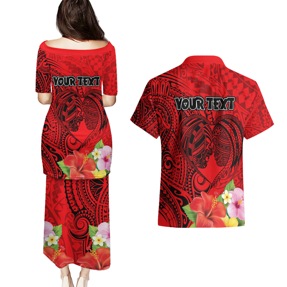 Personalised Hawaii Valentine Day Couples Matching Puletasi and Hawaiian Shirt Couple Love Heart mix Hibiscus and Polynesian Tattoo LT03 - Polynesian Pride