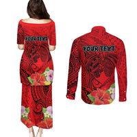 Personalised Hawaii Valentine Day Couples Matching Puletasi and Long Sleeve Button Shirt Couple Love Heart mix Hibiscus and Polynesian Tattoo LT03 - Polynesian Pride