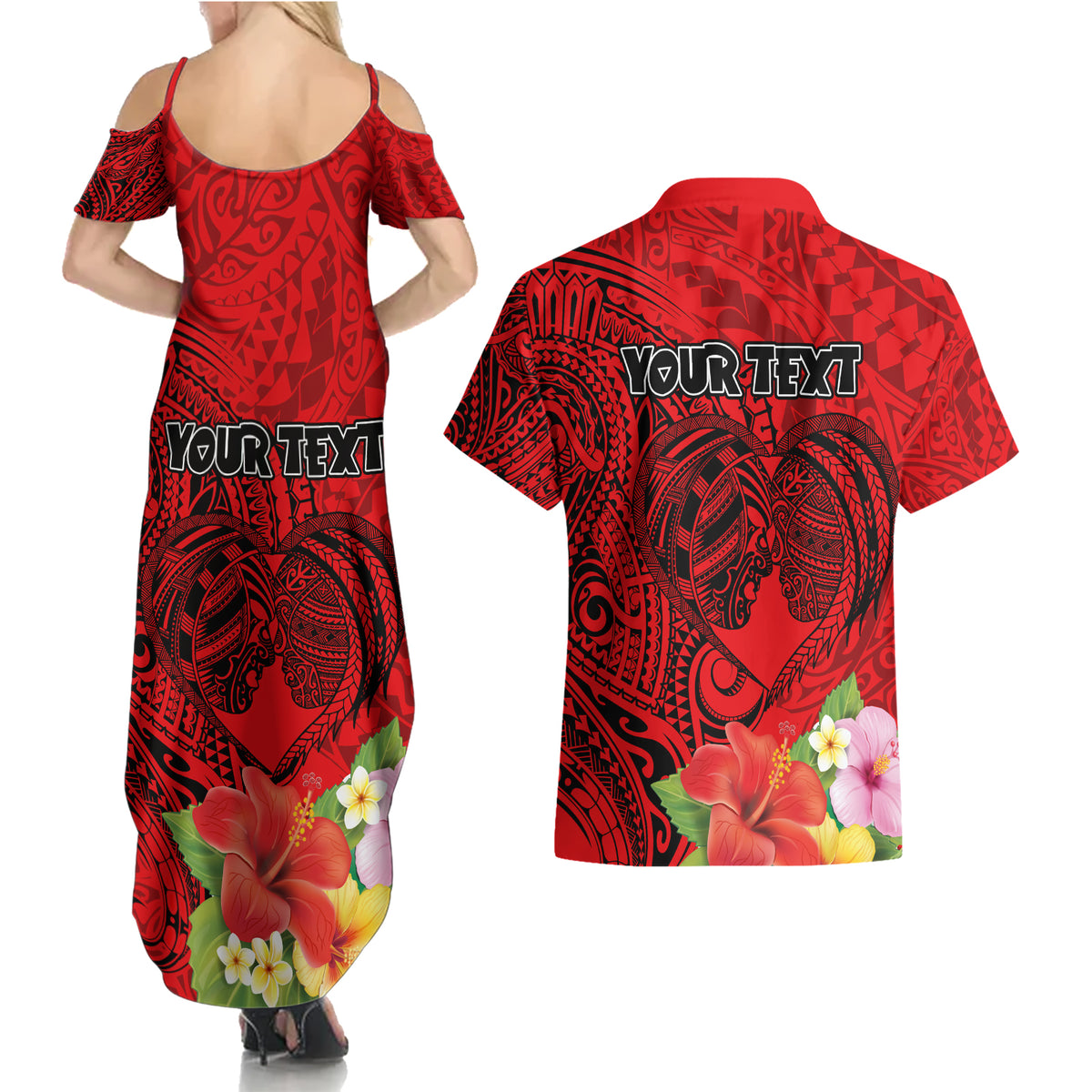 Personalised Hawaii Valentine Day Couples Matching Summer Maxi Dress and Hawaiian Shirt Couple Love Heart mix Hibiscus and Polynesian Tattoo LT03 - Polynesian Pride