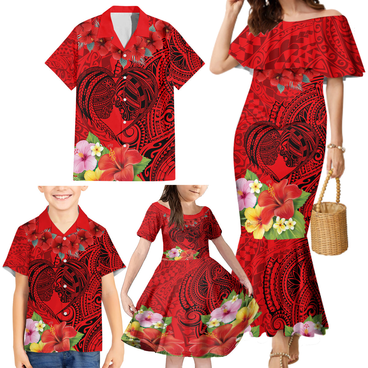 Personalised Hawaii Valentine Day Family Matching Mermaid Dress and Hawaiian Shirt Couple Love Heart mix Hibiscus and Polynesian Tattoo LT03 - Polynesian Pride