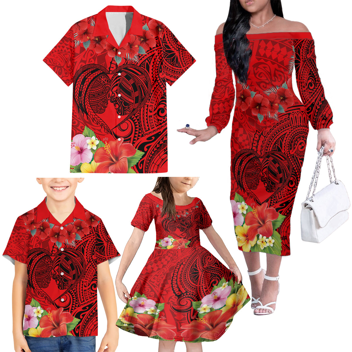 Personalised Hawaii Valentine Day Family Matching Off Shoulder Long Sleeve Dress and Hawaiian Shirt Couple Love Heart mix Hibiscus and Polynesian Tattoo LT03 - Polynesian Pride