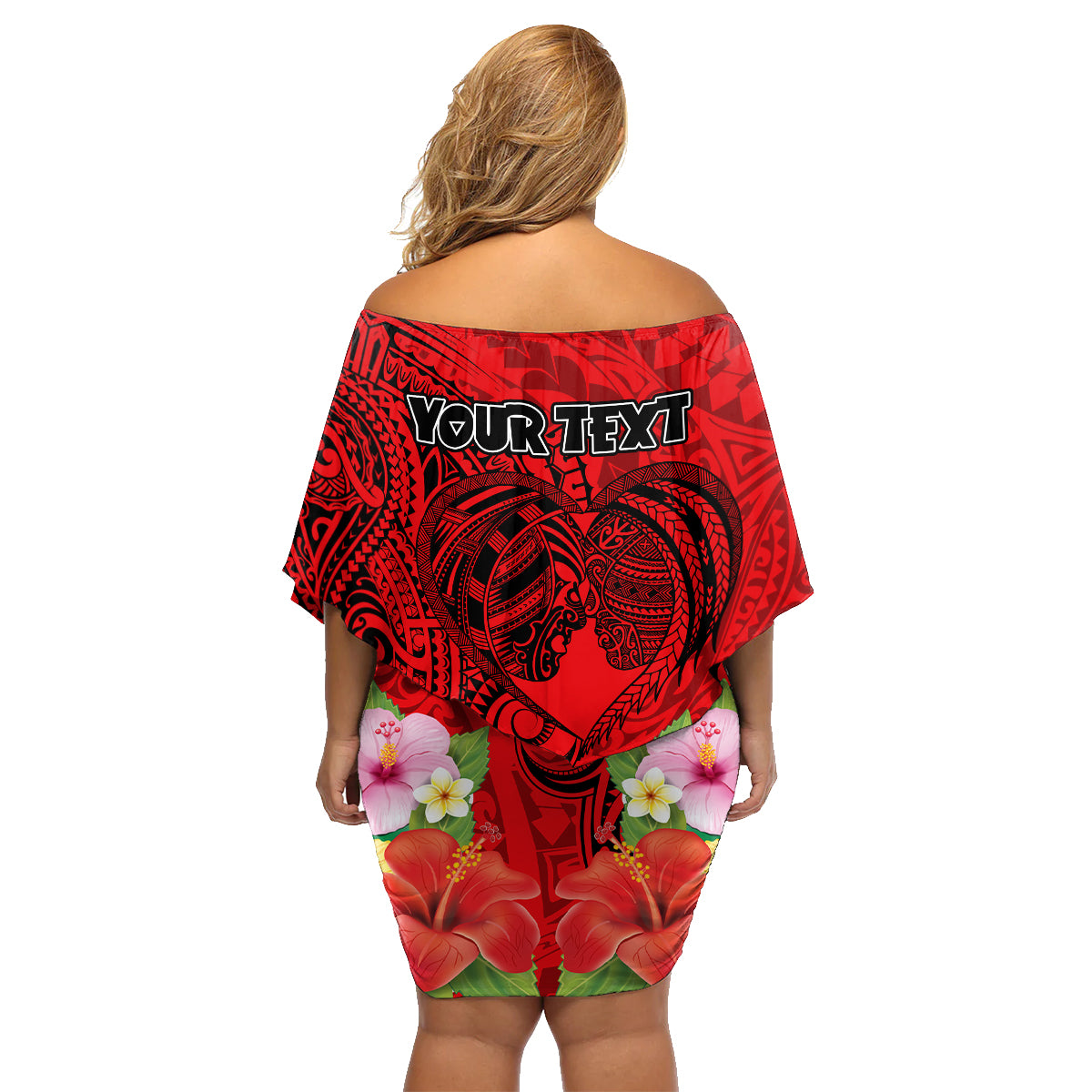 Personalised Hawaii Valentine Day Family Matching Off Shoulder Short Dress and Hawaiian Shirt Couple Love Heart mix Hibiscus and Polynesian Tattoo LT03 - Polynesian Pride