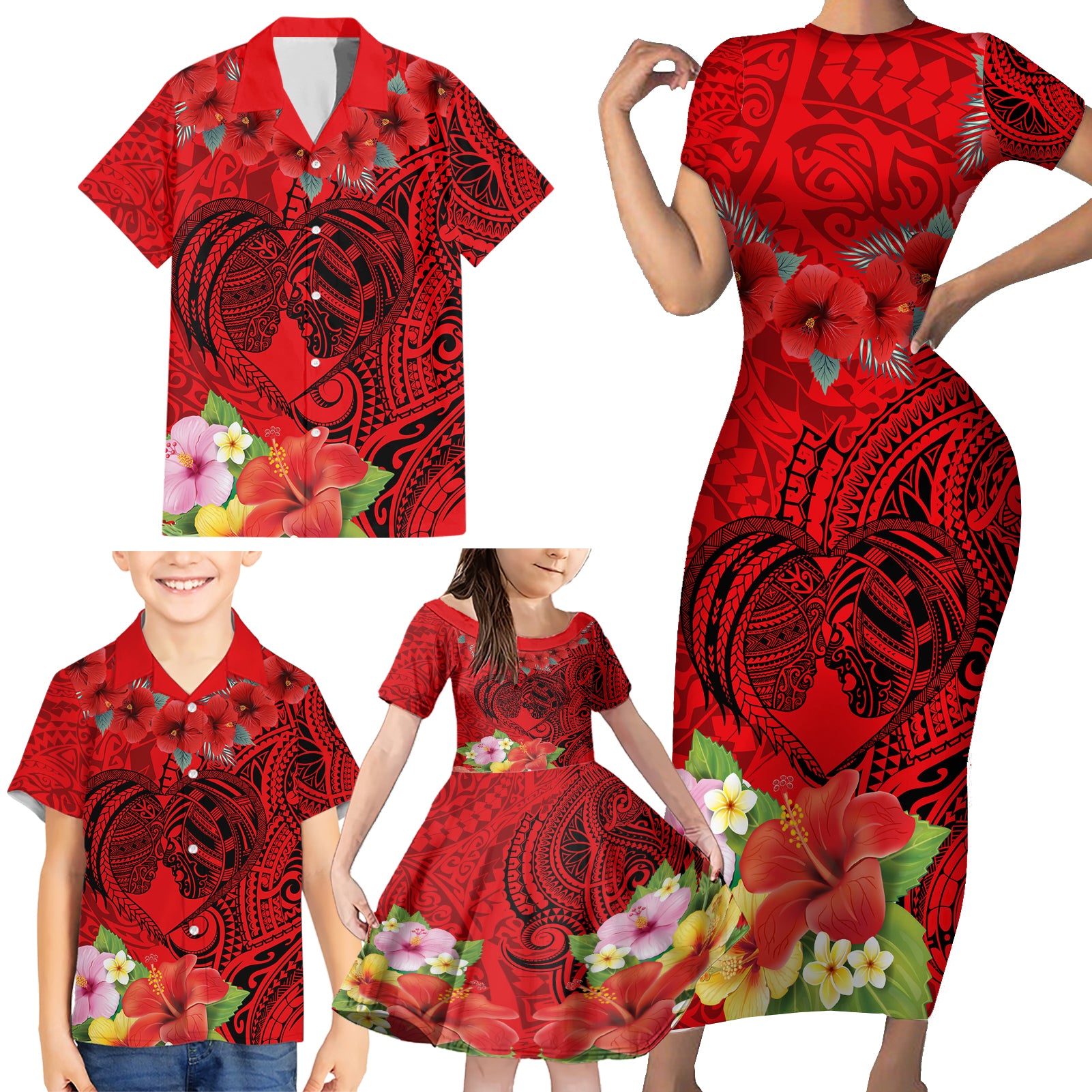 Personalised Hawaii Valentine Day Family Matching Short Sleeve Bodycon Dress and Hawaiian Shirt Couple Love Heart mix Hibiscus and Polynesian Tattoo LT03 - Polynesian Pride