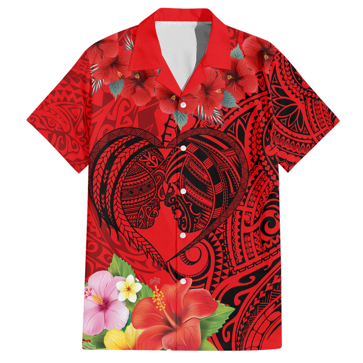 Personalised Hawaii Valentine Day Family Matching Short Sleeve Bodycon Dress and Hawaiian Shirt Couple Love Heart mix Hibiscus and Polynesian Tattoo LT03 Dad's Shirt - Short Sleeve Red - Polynesian Pride