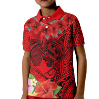 Personalised Hawaii Valentine Day Kid Polo Shirt Couple Love Heart mix Hibiscus and Polynesian Tattoo LT03 Kid Red - Polynesian Pride