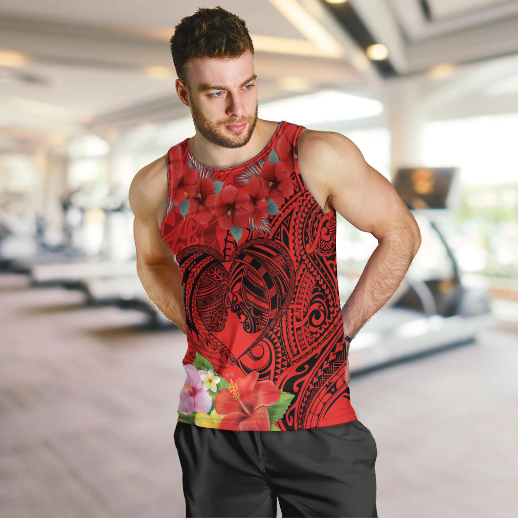 Personalised Hawaii Valentine Day Men Tank Top Couple Love Heart mix Hibiscus and Polynesian Tattoo LT03 Red - Polynesian Pride