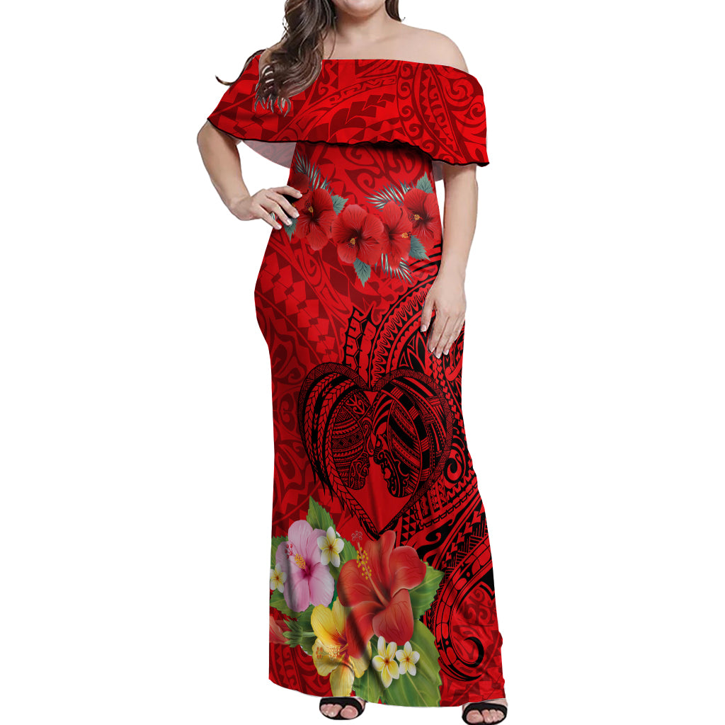 Personalised Hawaii Valentine Day Off Shoulder Maxi Dress Couple Love Heart mix Hibiscus and Polynesian Tattoo LT03 Women Red - Polynesian Pride