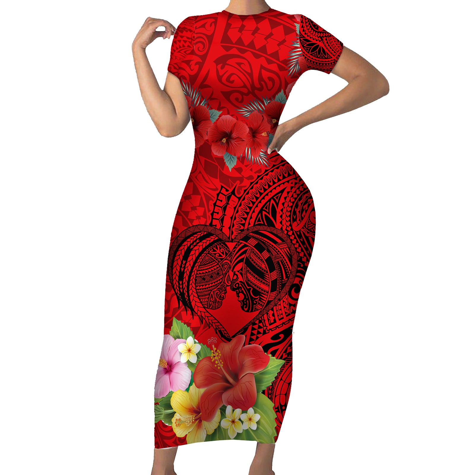 Personalised Hawaii Valentine Day Short Sleeve Bodycon Dress Couple Love Heart mix Hibiscus and Polynesian Tattoo LT03 Long Dress Red - Polynesian Pride