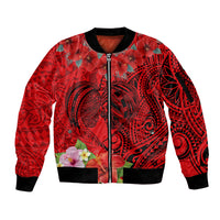Personalised Hawaii Valentine Day Sleeve Zip Bomber Jacket Couple Love Heart mix Hibiscus and Polynesian Tattoo LT03 Unisex Red - Polynesian Pride
