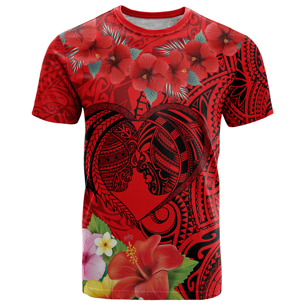 Personalised Hawaii Valentine Day T Shirt Couple Love Heart mix Hibiscus and Polynesian Tattoo LT03 Red - Polynesian Pride