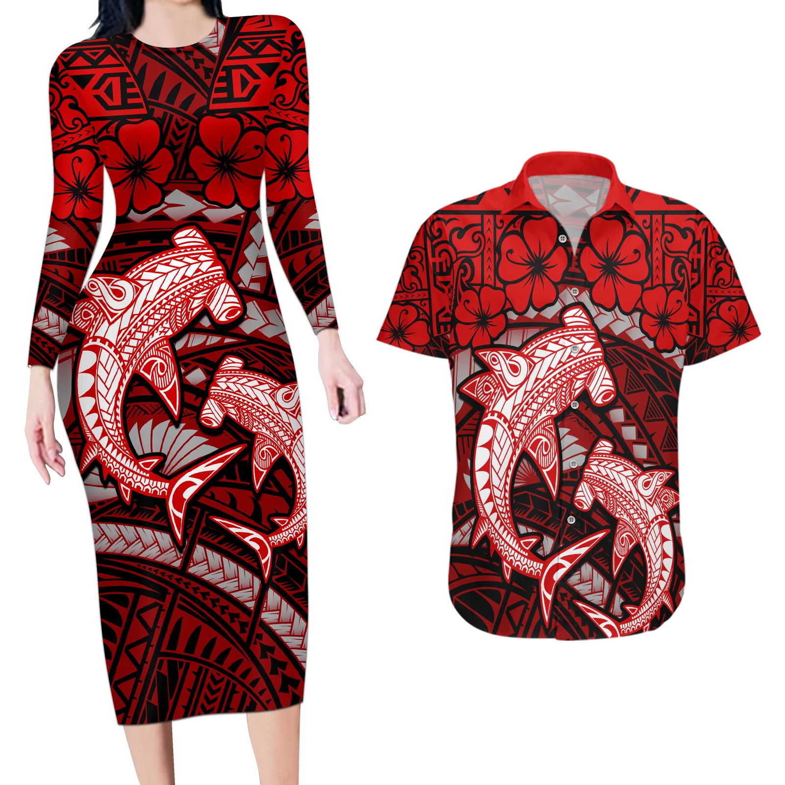 Polynesian Shark Valentine Day Couples Matching Long Sleeve Bodycon Dress and Hawaiian Shirt Hibiscus and Tribal Tattoo Red Style LT03 Red - Polynesian Pride