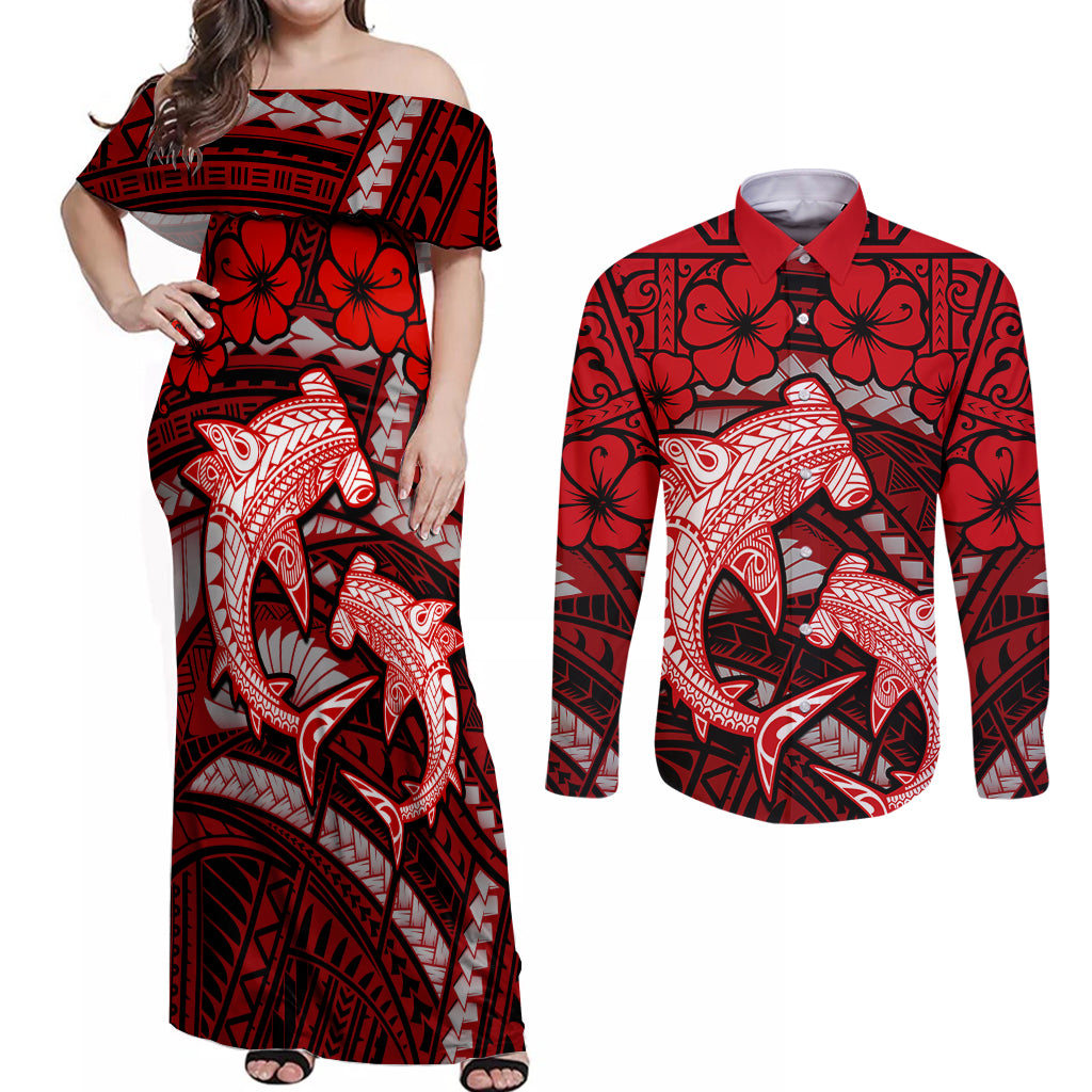 Polynesian Shark Valentine Day Couples Matching Off Shoulder Maxi Dress and Long Sleeve Button Shirt Hibiscus and Tribal Tattoo Red Style LT03 Red - Polynesian Pride