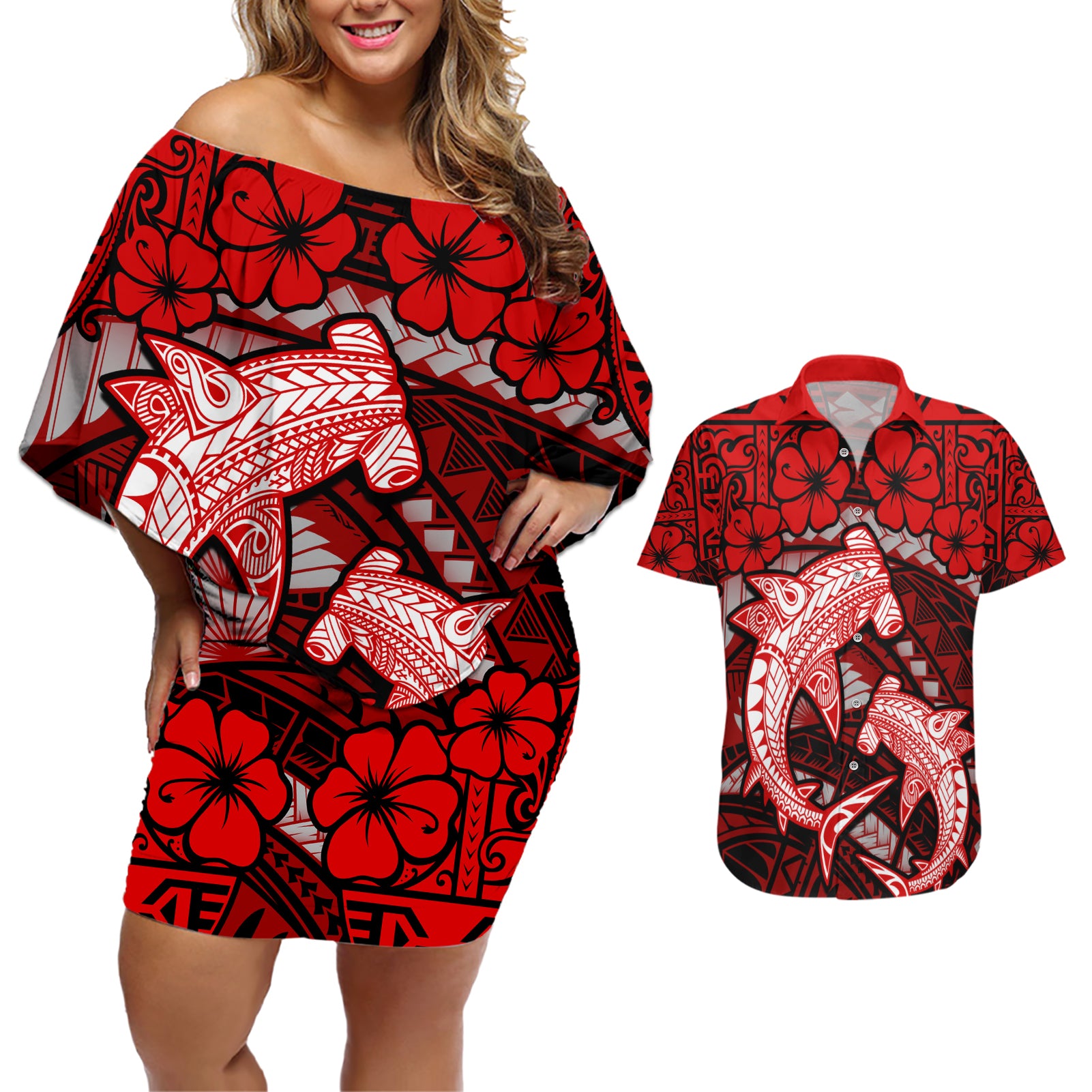 Polynesian Shark Valentine Day Couples Matching Off Shoulder Short Dress and Hawaiian Shirt Hibiscus and Tribal Tattoo Red Style LT03 Red - Polynesian Pride