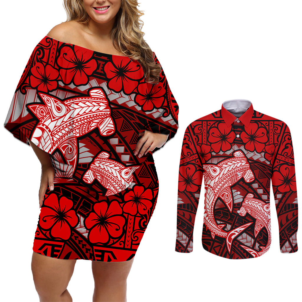 Polynesian Shark Valentine Day Couples Matching Off Shoulder Short Dress and Long Sleeve Button Shirt Hibiscus and Tribal Tattoo Red Style LT03 Red - Polynesian Pride