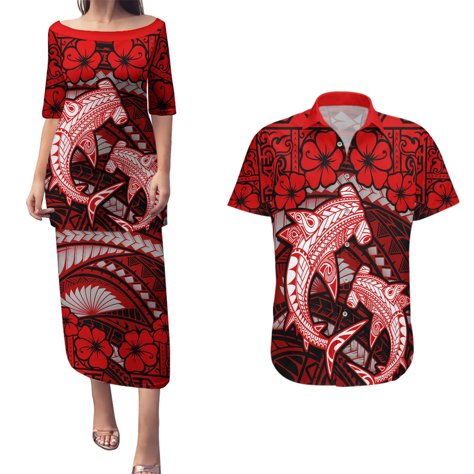 Polynesian Shark Valentine Day Couples Matching Puletasi and Hawaiian Shirt Hibiscus and Tribal Tattoo Red Style LT03 Red - Polynesian Pride