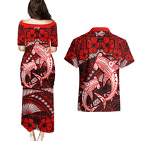 Polynesian Shark Valentine Day Couples Matching Puletasi and Hawaiian Shirt Hibiscus and Tribal Tattoo Red Style LT03 - Polynesian Pride