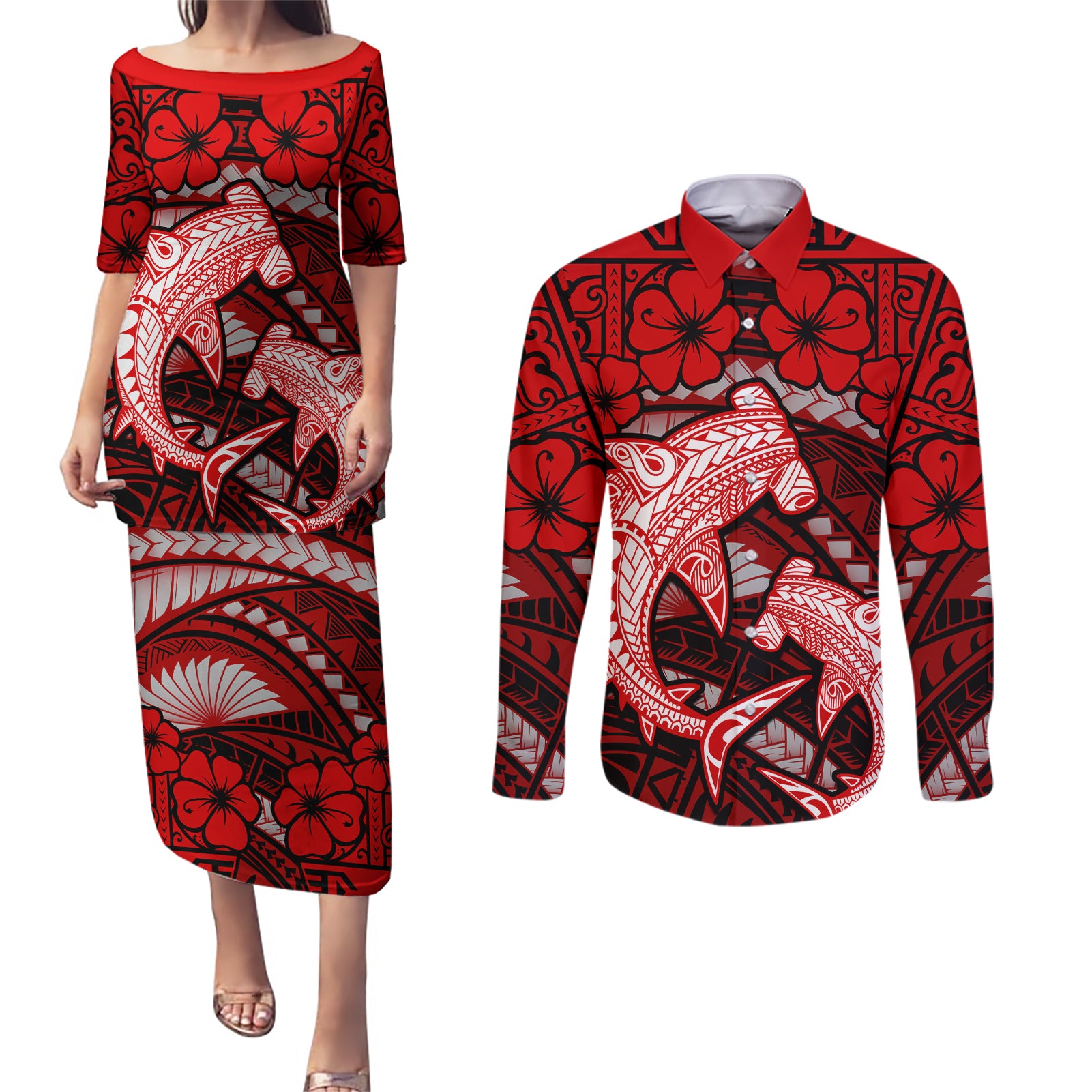 Polynesian Shark Valentine Day Couples Matching Puletasi and Long Sleeve Button Shirt Hibiscus and Tribal Tattoo Red Style LT03 Red - Polynesian Pride