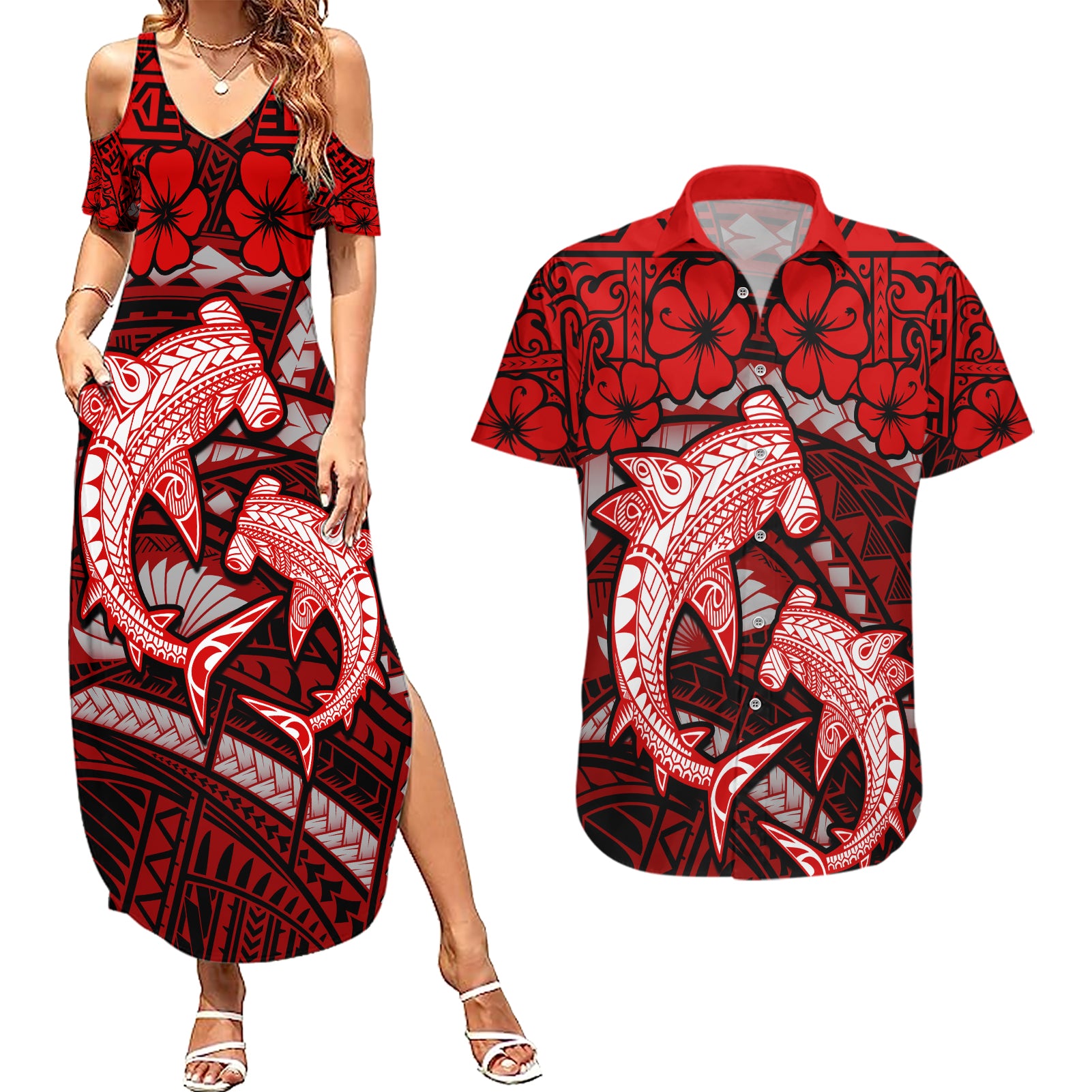 Polynesian Shark Valentine Day Couples Matching Summer Maxi Dress and Hawaiian Shirt Hibiscus and Tribal Tattoo Red Style LT03 Red - Polynesian Pride