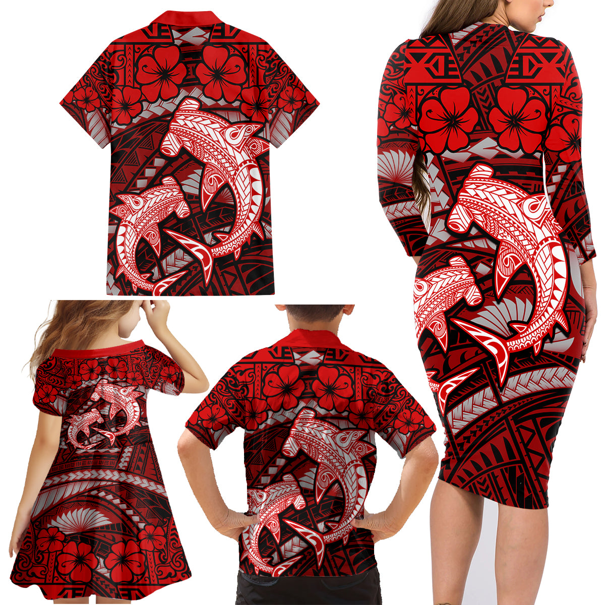 Polynesian Shark Valentine Day Family Matching Long Sleeve Bodycon Dress and Hawaiian Shirt Hibiscus and Tribal Tattoo Red Style LT03 - Polynesian Pride