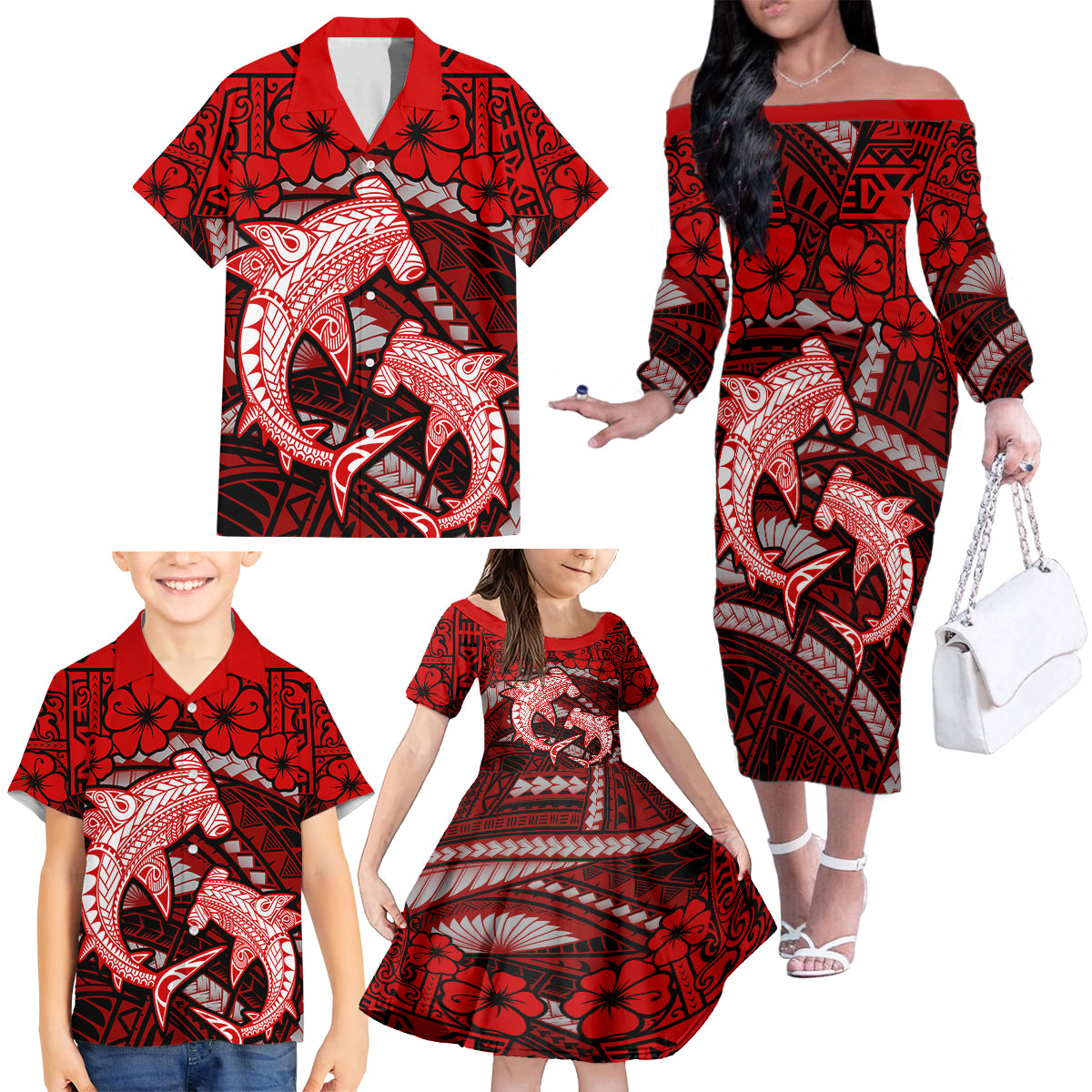 Polynesian Shark Valentine Day Family Matching Off Shoulder Long Sleeve Dress and Hawaiian Shirt Hibiscus and Tribal Tattoo Red Style LT03 - Polynesian Pride