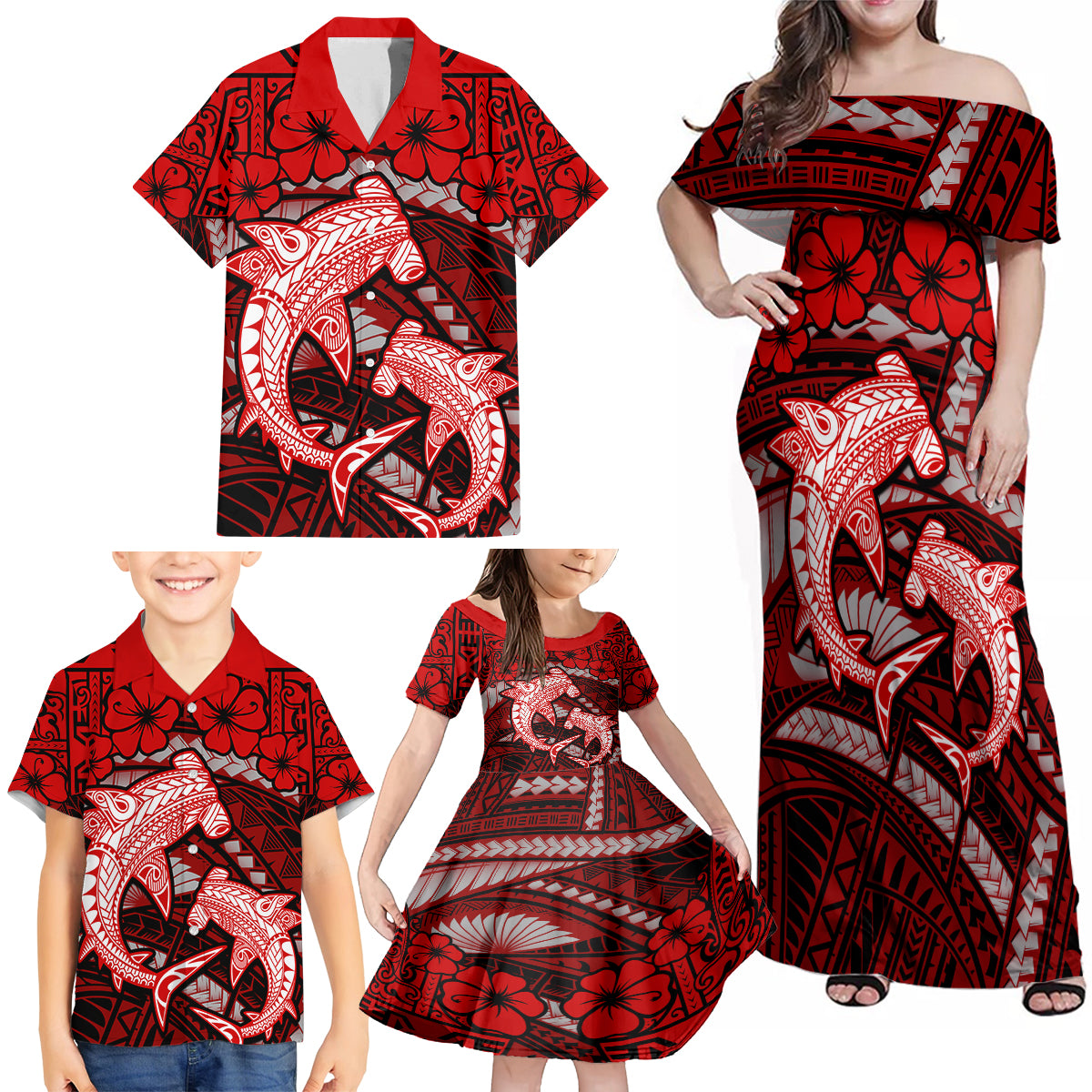 Polynesian Shark Valentine Day Family Matching Off Shoulder Maxi Dress and Hawaiian Shirt Hibiscus and Tribal Tattoo Red Style LT03 - Polynesian Pride