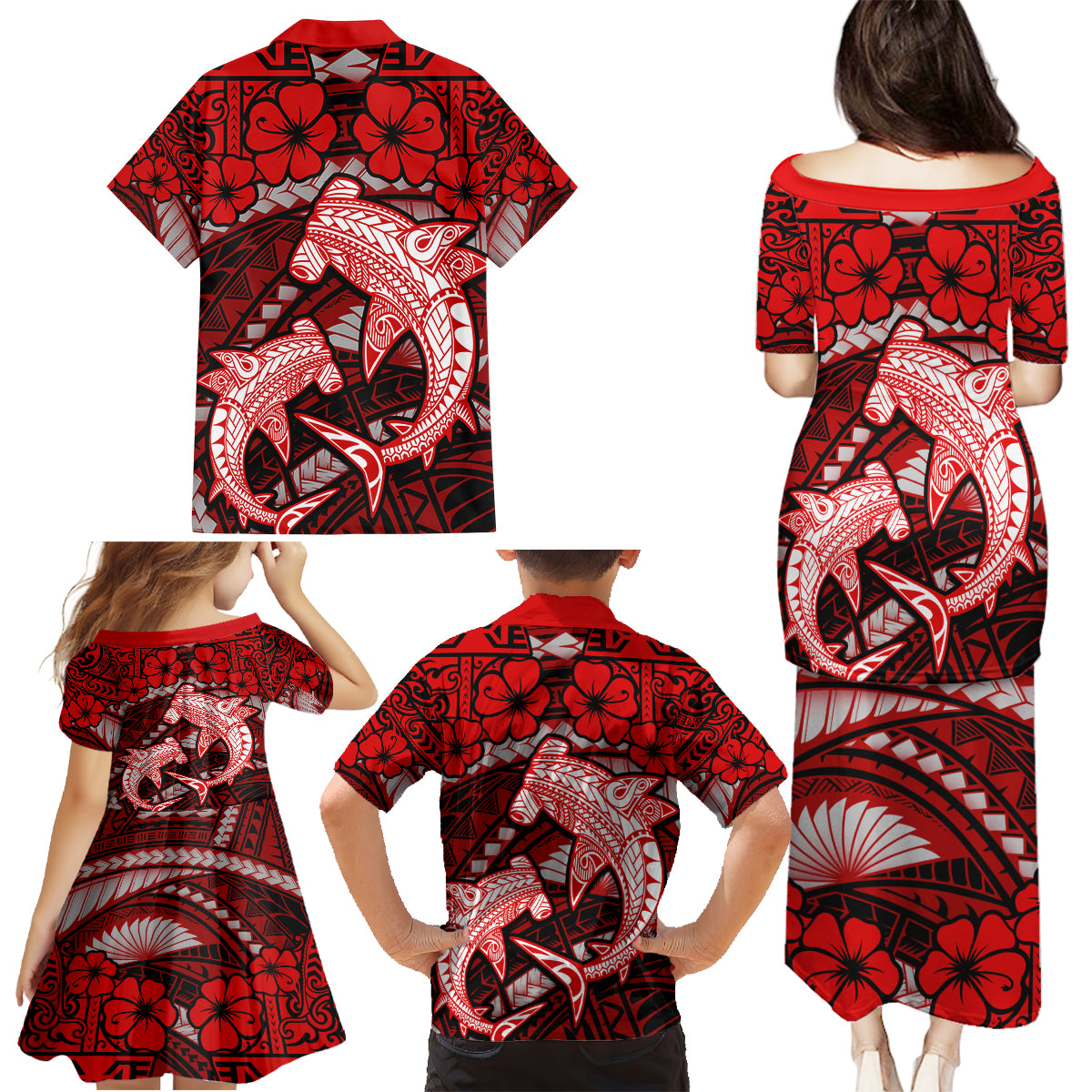 Polynesian Shark Valentine Day Family Matching Puletasi and Hawaiian Shirt Hibiscus and Tribal Tattoo Red Style LT03 - Polynesian Pride