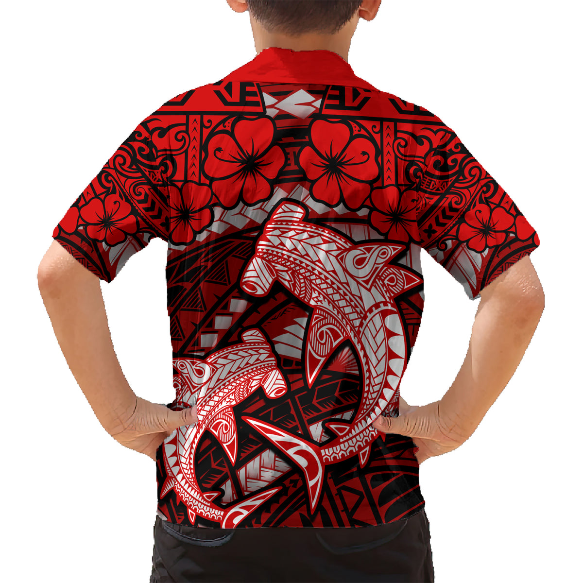Polynesian Shark Valentine Day Family Matching Short Sleeve Bodycon Dress and Hawaiian Shirt Hibiscus and Tribal Tattoo Red Style LT03 - Polynesian Pride