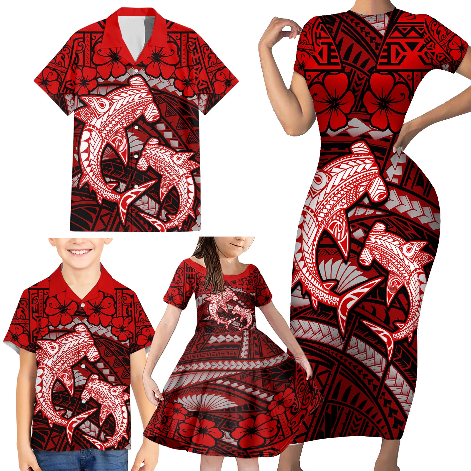 Polynesian Shark Valentine Day Family Matching Short Sleeve Bodycon Dress and Hawaiian Shirt Hibiscus and Tribal Tattoo Red Style LT03 - Polynesian Pride