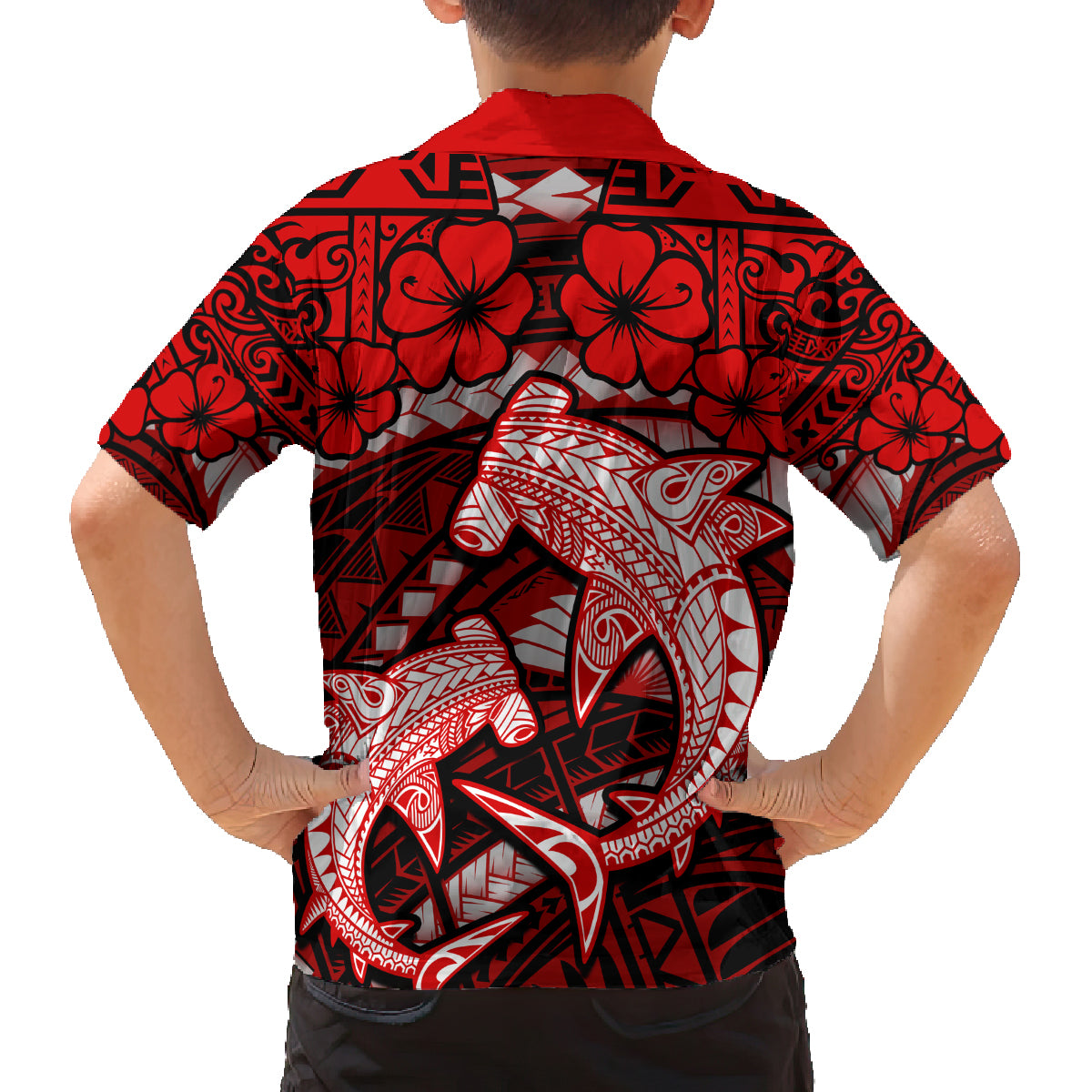 Polynesian Shark Valentine Day Family Matching Summer Maxi Dress and Hawaiian Shirt Hibiscus and Tribal Tattoo Red Style LT03 - Polynesian Pride