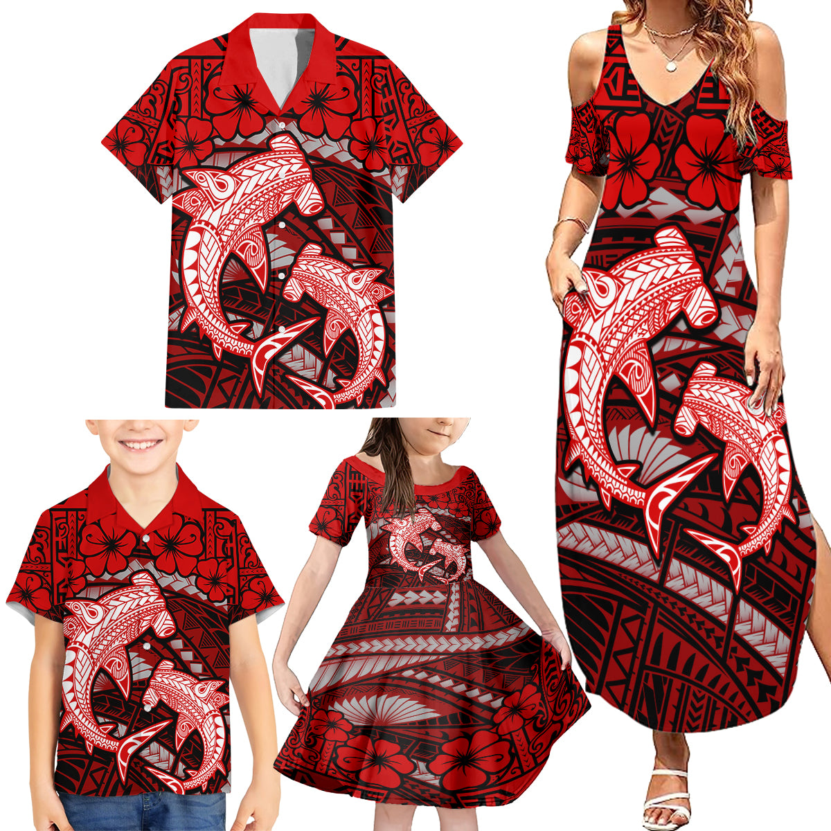 Polynesian Shark Valentine Day Family Matching Summer Maxi Dress and Hawaiian Shirt Hibiscus and Tribal Tattoo Red Style LT03 - Polynesian Pride