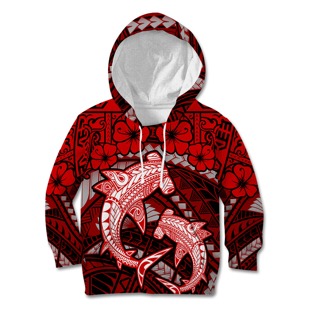 Polynesian Shark Valentine Day Kid Hoodie Hibiscus and Tribal Tattoo Red Style LT03 Hoodie Red - Polynesian Pride