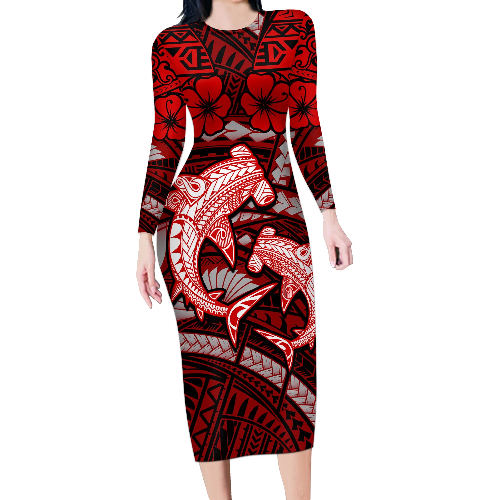 Polynesian Shark Valentine Day Long Sleeve Bodycon Dress Hibiscus and Tribal Tattoo Red Style LT03 Long Dress Red - Polynesian Pride