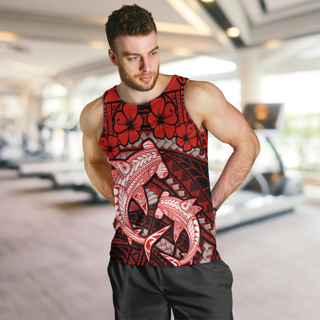 Polynesian Shark Valentine Day Men Tank Top Hibiscus and Tribal Tattoo Red Style LT03 Red - Polynesian Pride