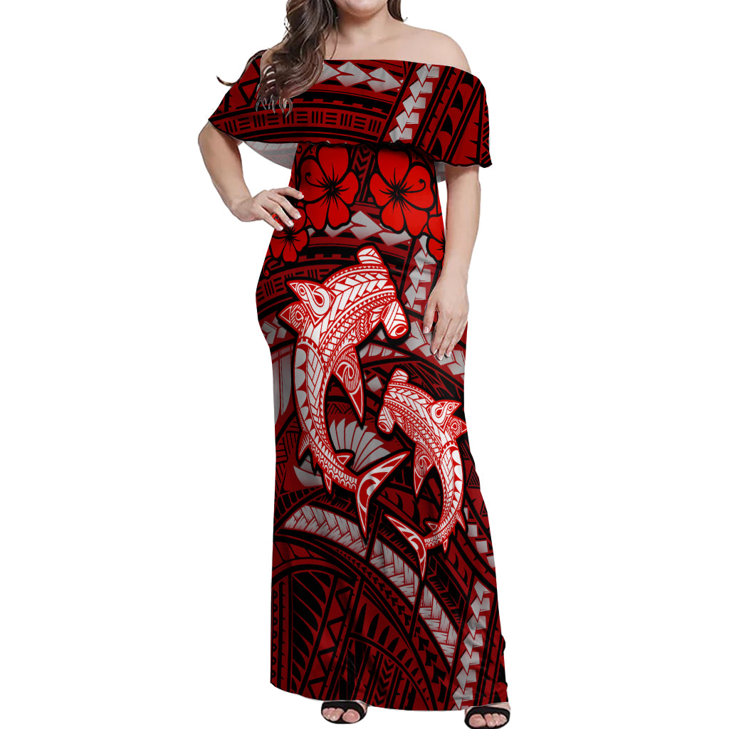 Polynesian Shark Valentine Day Off Shoulder Maxi Dress Hibiscus and Tribal Tattoo Red Style LT03 Women Red - Polynesian Pride